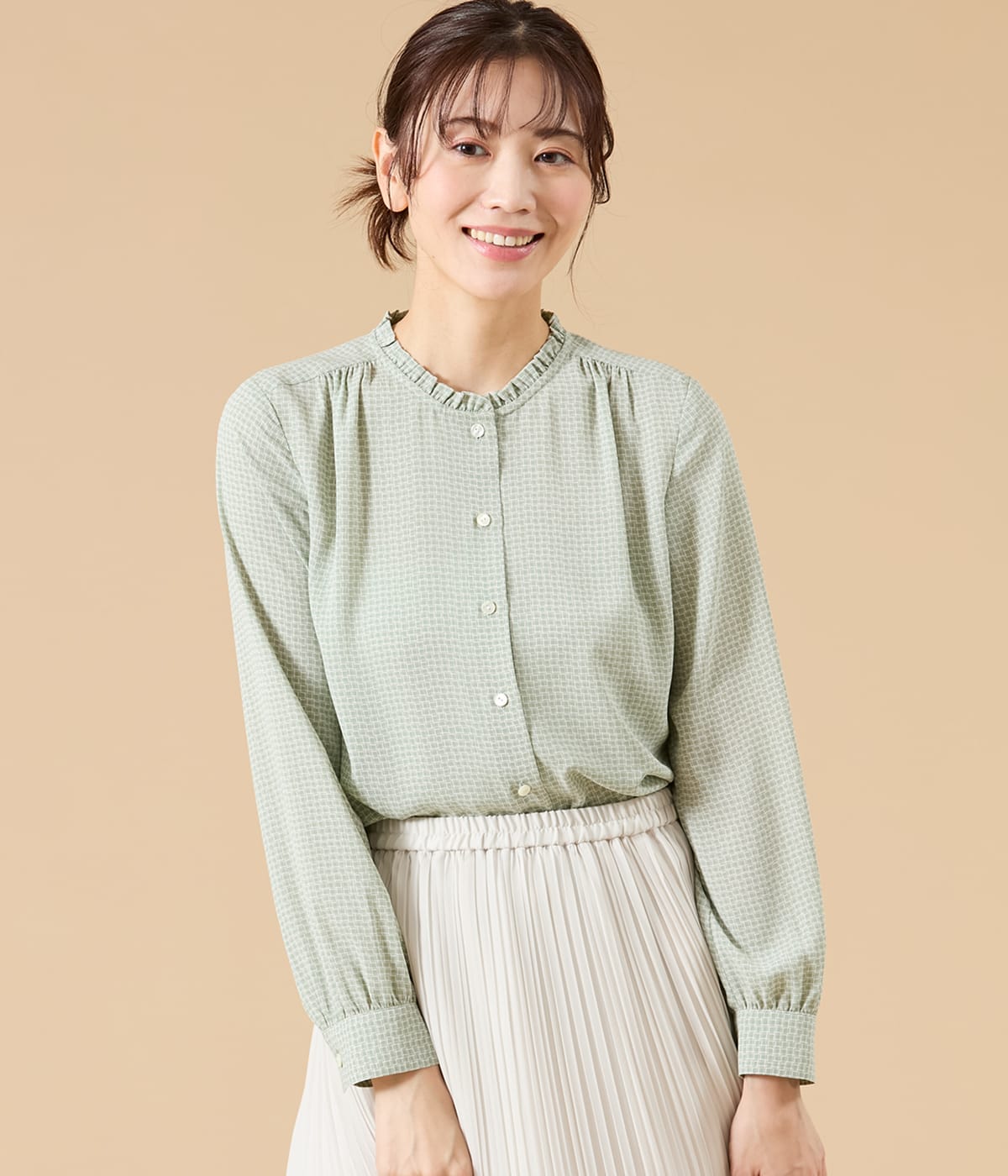 【L】ジオメトリックプリント スタンドフリルブラウス