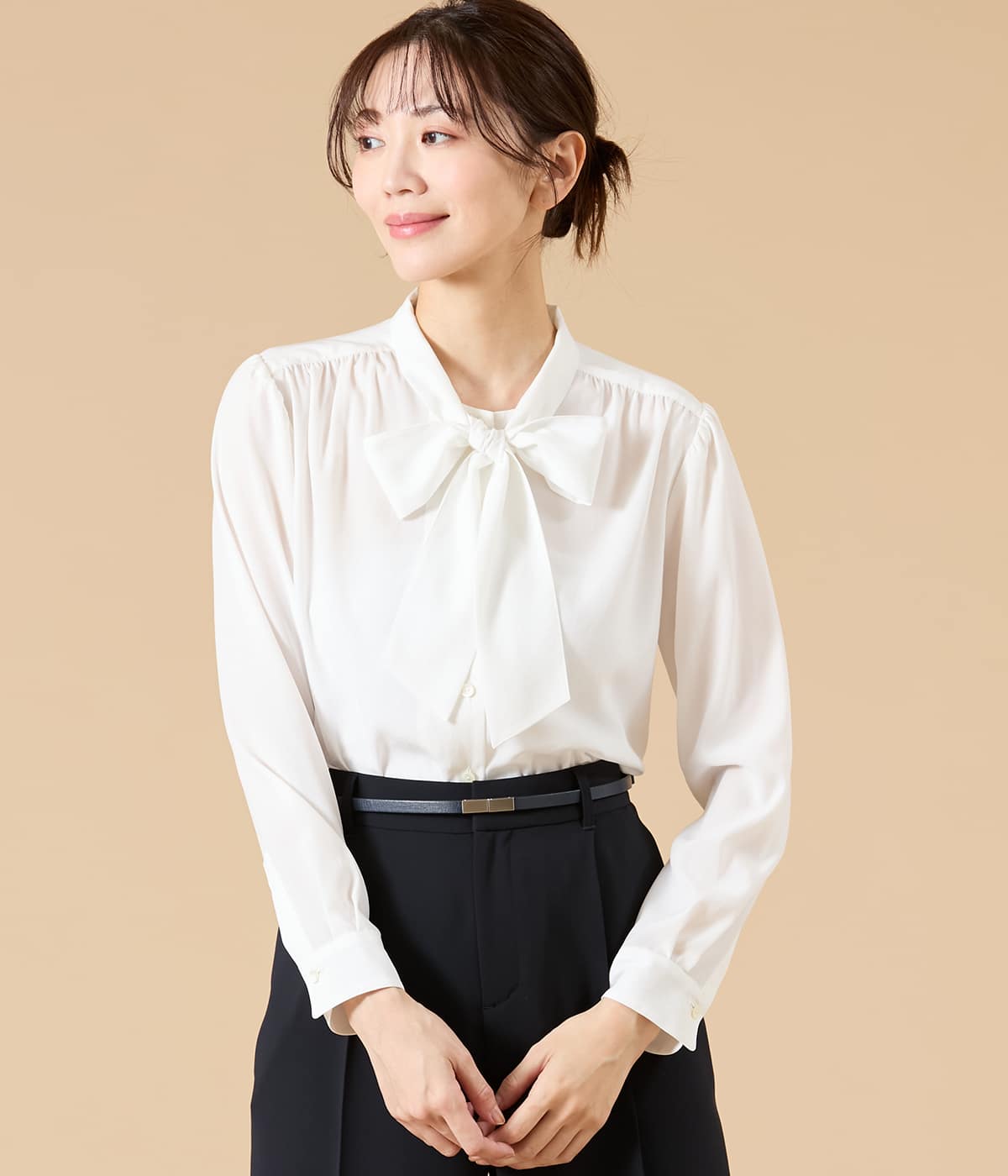 【L】ライトデシン 長袖ボウタイブラウス