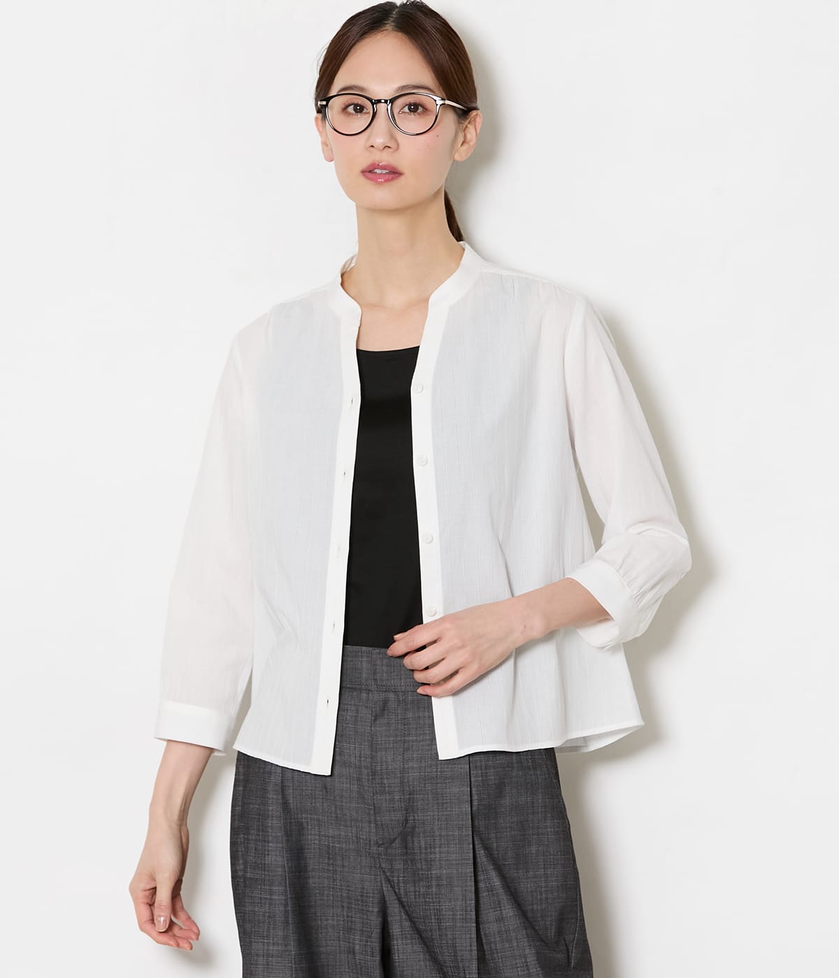 【L】コットンリネンカラミストライプ 7分袖スキッパーシャツ