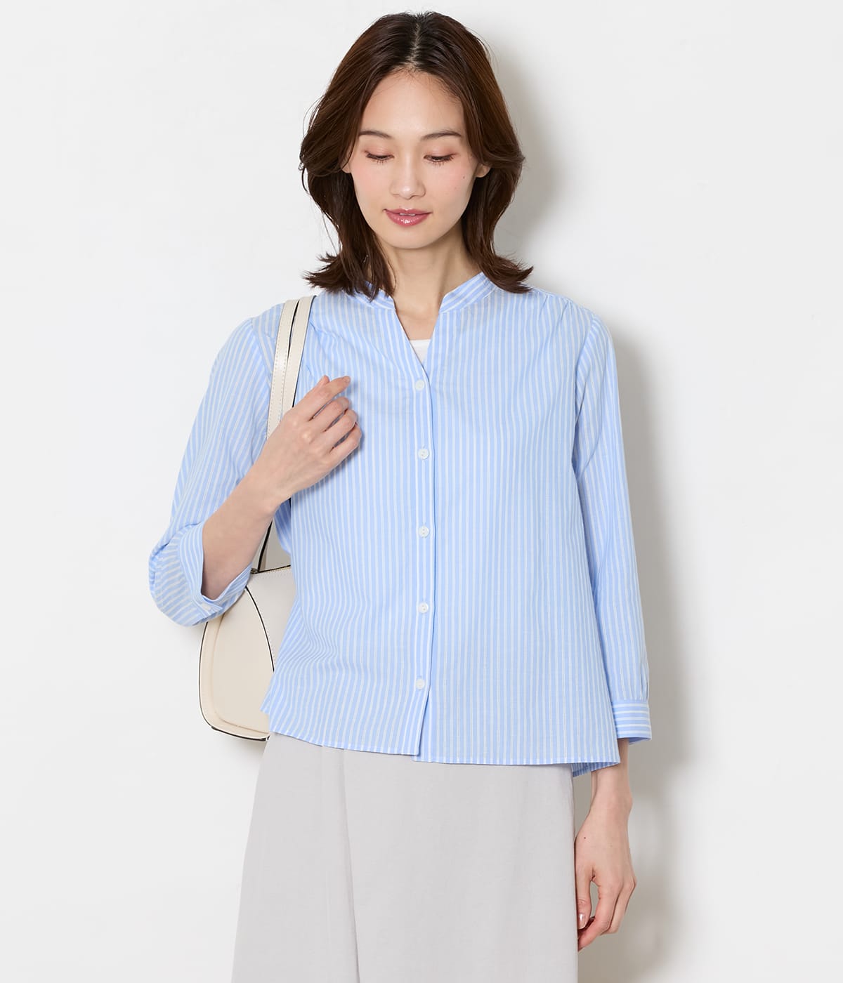 【L】コットンリネンカラミストライプ 7分袖スキッパーシャツ