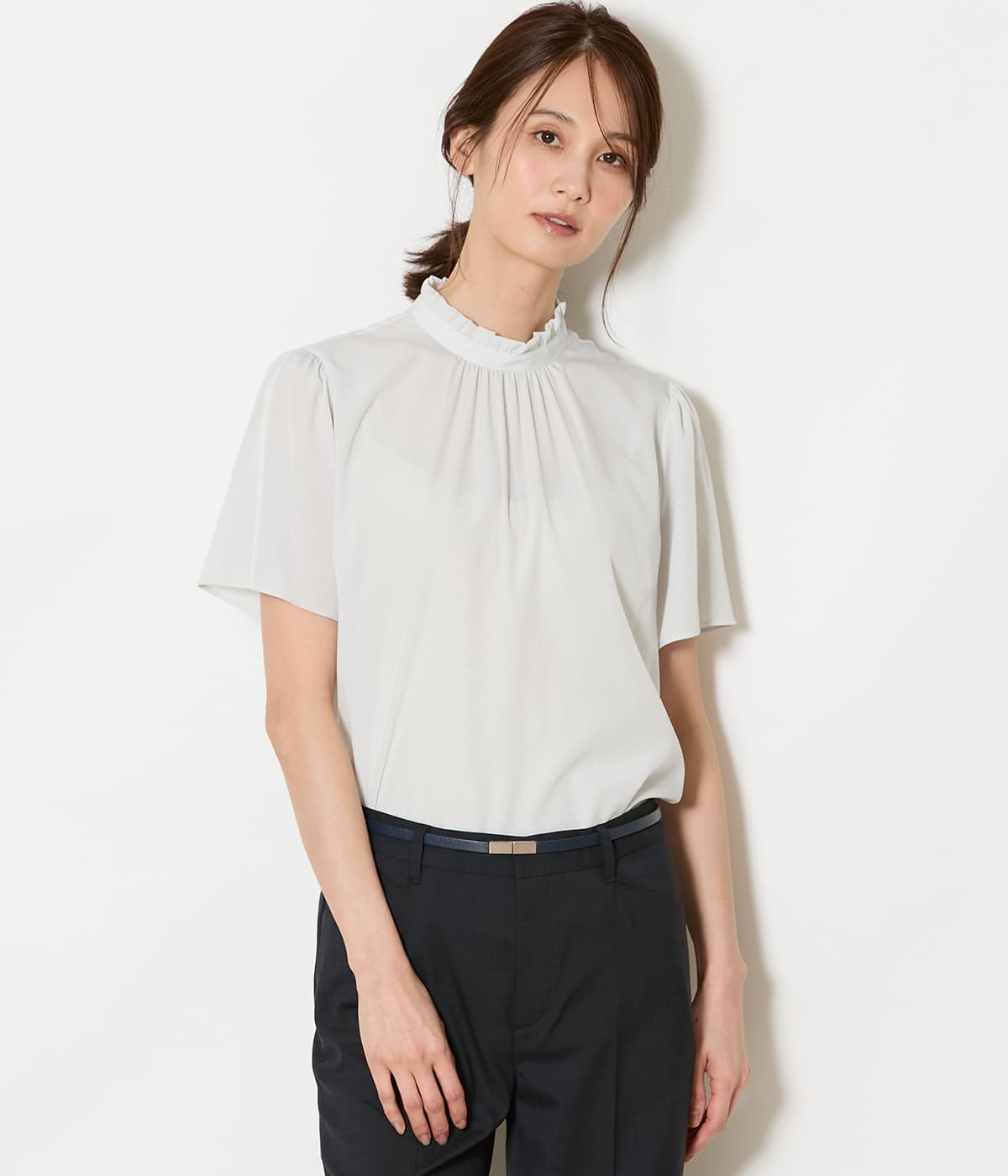 L】ミニドットデシン スタンドフリル半袖ブラウス(54658352-2026