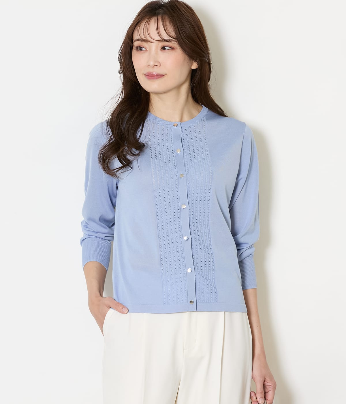 【L】セルロースポリエステル天竺 メタルボタンクルーネックカーディガン