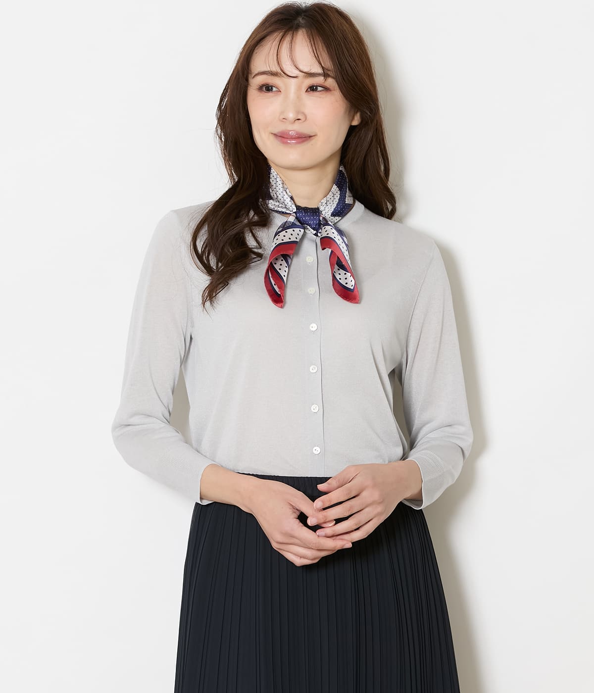 【L】ヴィスコースポリエステル クルーネックカーディガン