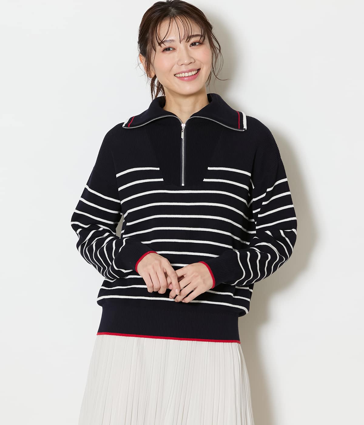 【L】【手洗い可能】コットン片畔ボーダー ハーフジップニットプルオーバー