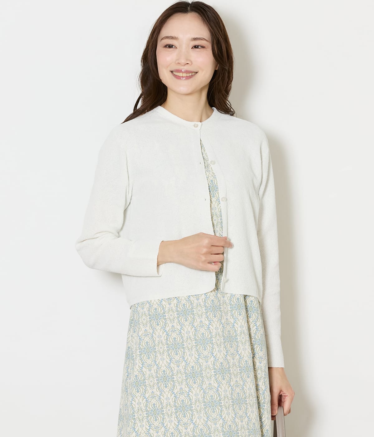 【L】ポリナイロンブークレーホールガーメント(R) クルーネックニットカーディガン