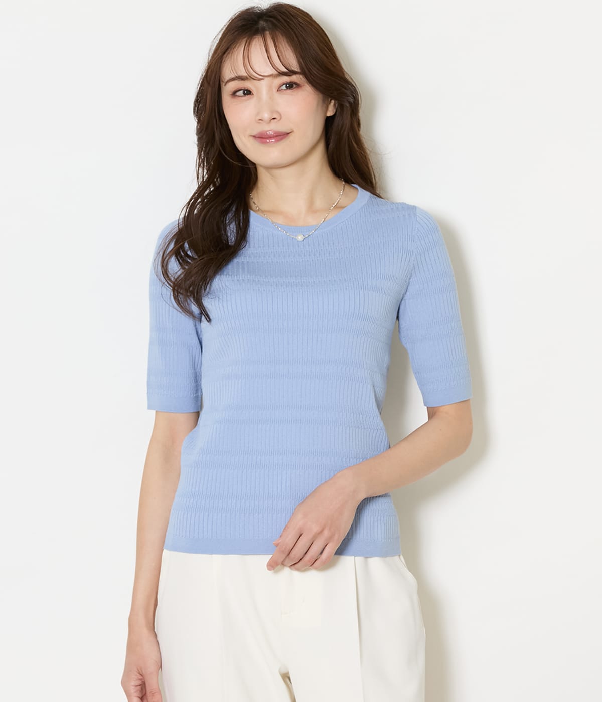 【L】セルロースポリエステル リブクルーネック5分袖プルオーバー