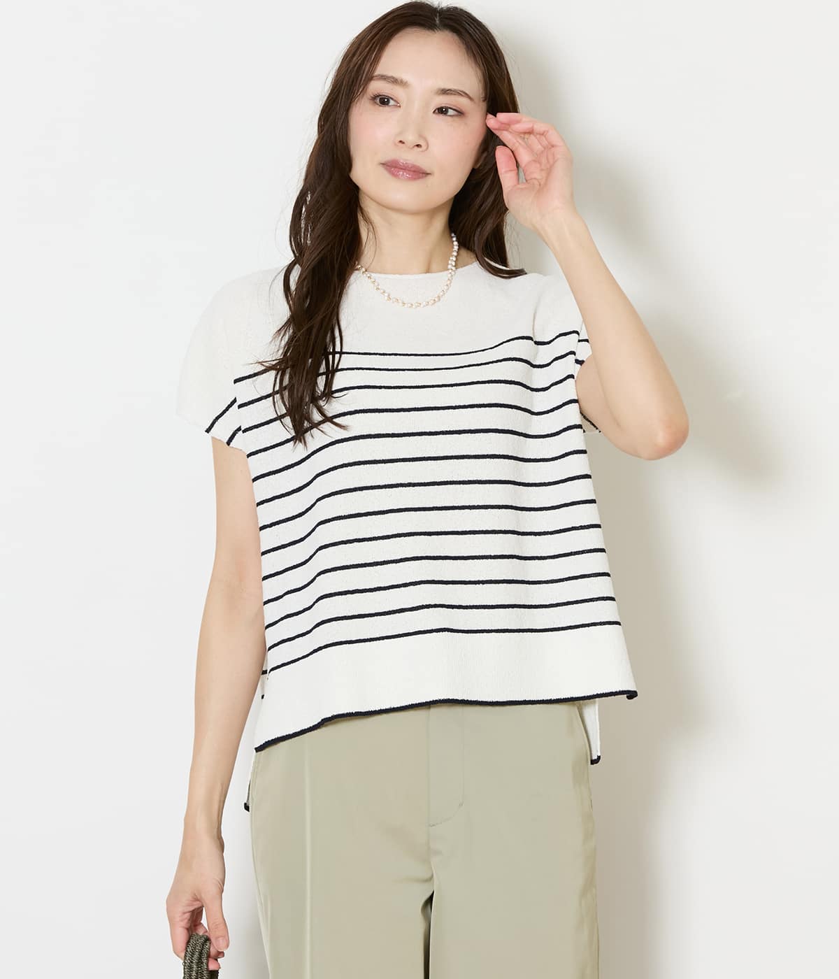 【L】ポリナイロンブークレーホールガーメント(R) フレンチスリーブニットプルオーバー