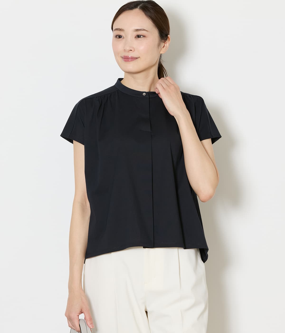 【L】【接触冷感・吸水速乾】プレーティング天竺 スタンドカラープルオーバー