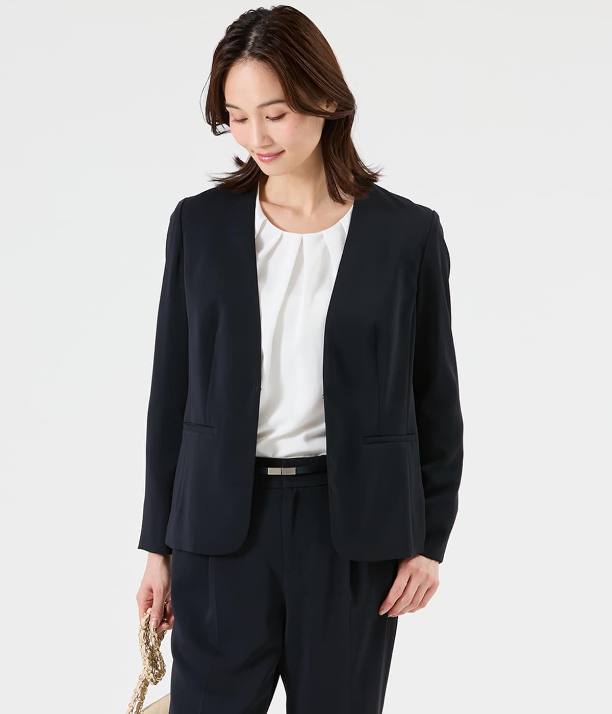 【ウォッシャブル】ポリエステルツイル 1ホックノーカラージャケット