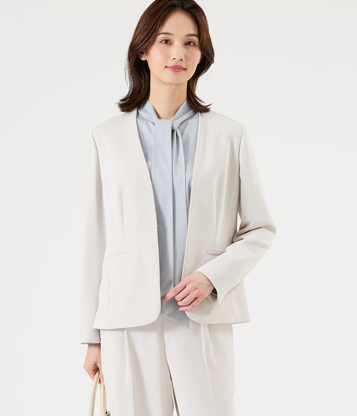 【ウォッシャブル】ポリエステルツイル 1ホックノーカラージャケット