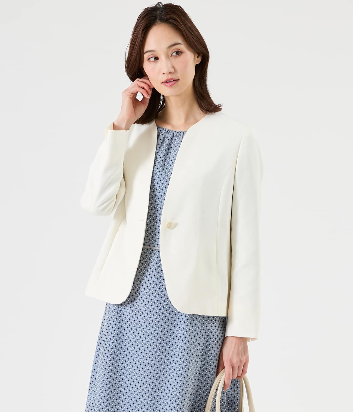 ポリエステルブッチャー ノーカラー1釦ジャケット