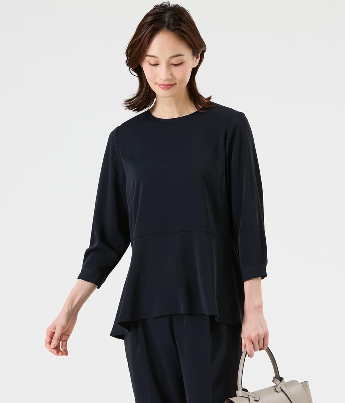 ポリエステルツイル 7分袖ペプラムブラウス