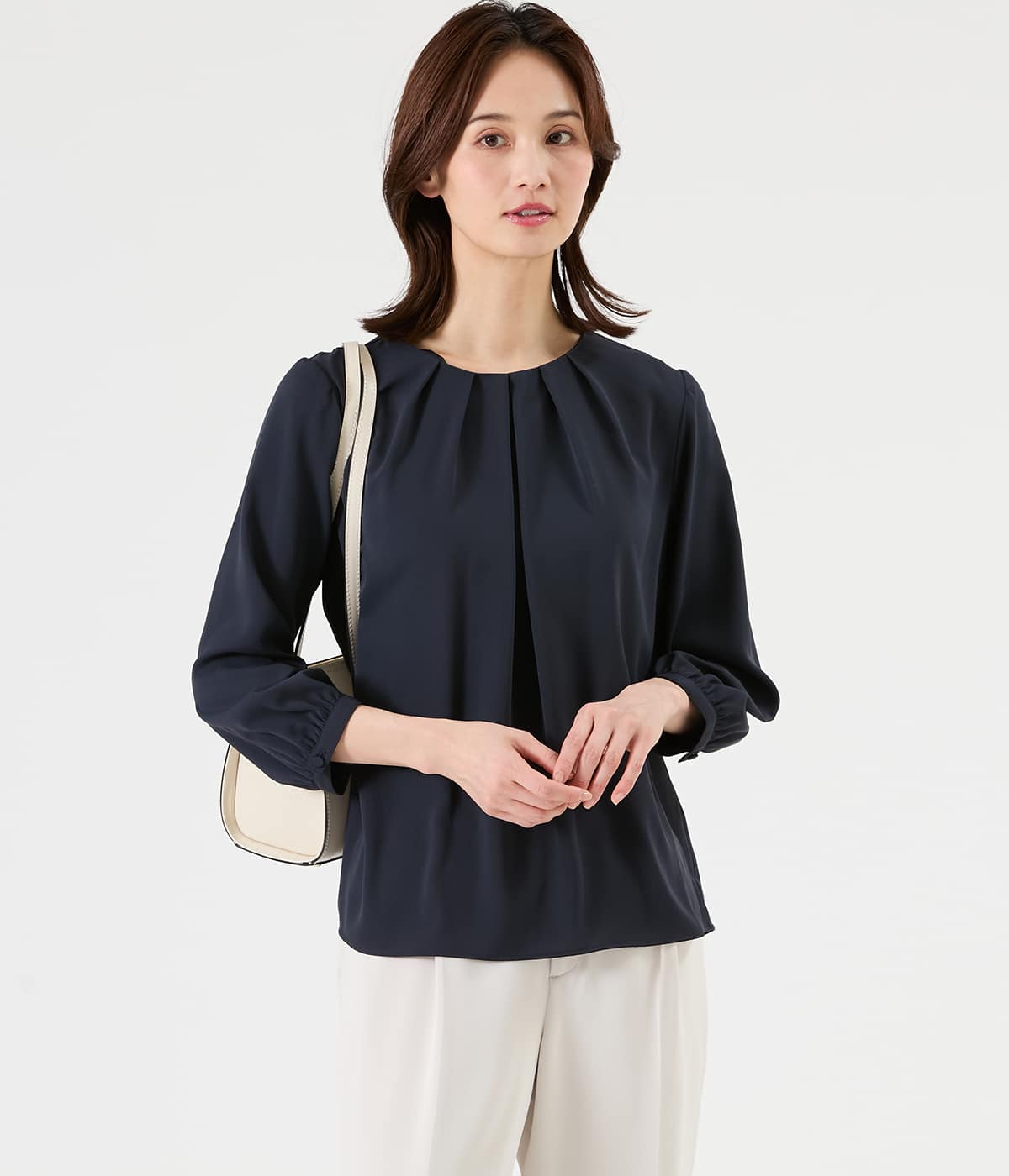 ポリエステルジョーゼット 7分袖フロントタックブラウス