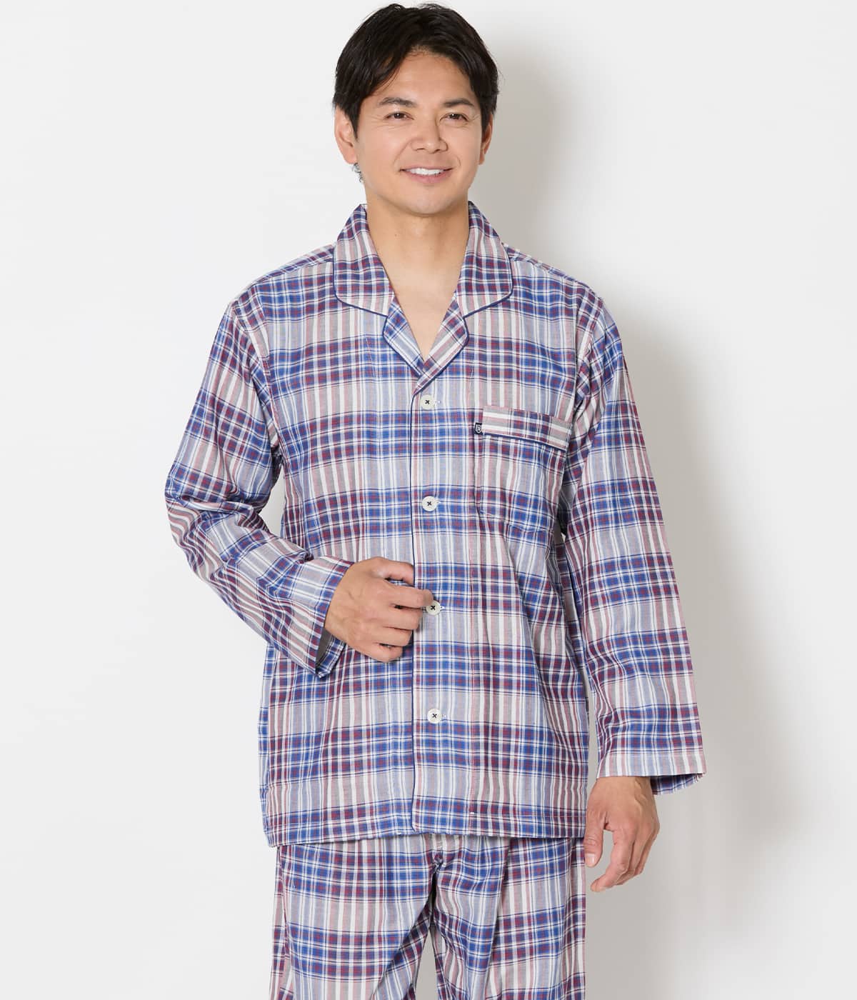 二重ガーゼ チェック 長袖テーラードパジャマ