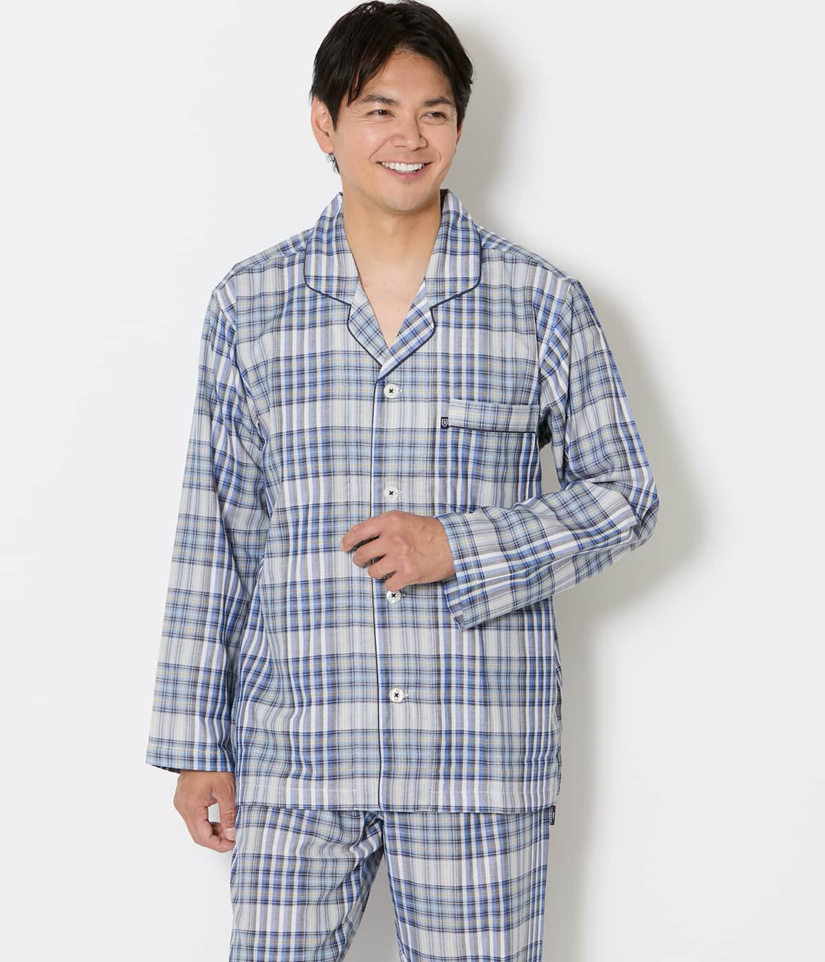 二重ガーゼ チェック 長袖テーラードパジャマ