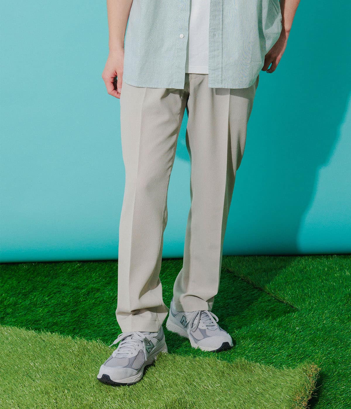 【吸水速乾・ストレッチ・ウエストゴム】楊柳ストレッチ ノータックサイドシャーリングパンツ