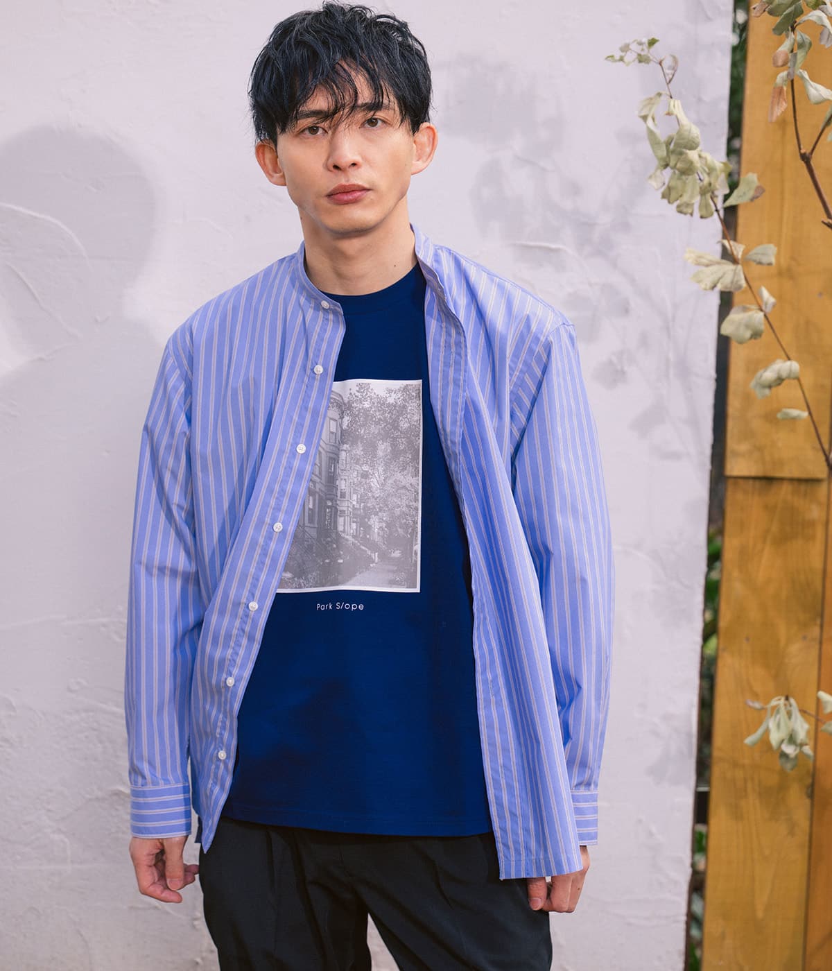 【接触冷感・UVカット・一枚で決まる】ストライプ 長袖バンドカラーシャツ