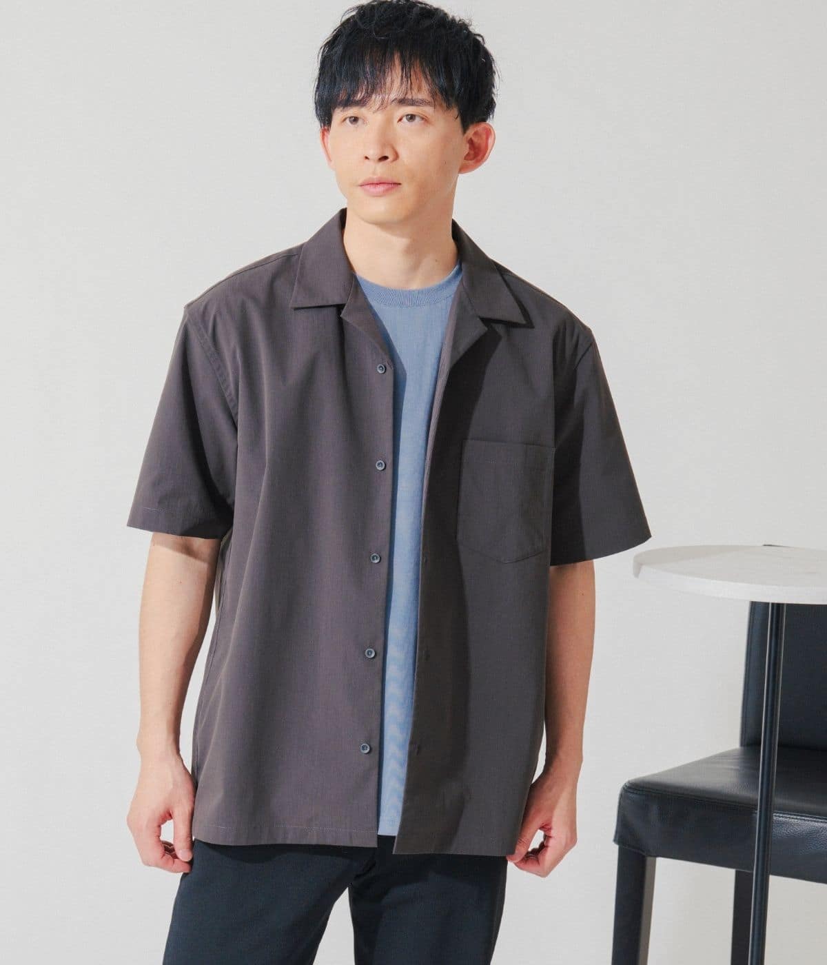 【洗える・ドライタッチ・セットアップ可】ドライミックスタイプライター 半袖オープンカラーシャツ