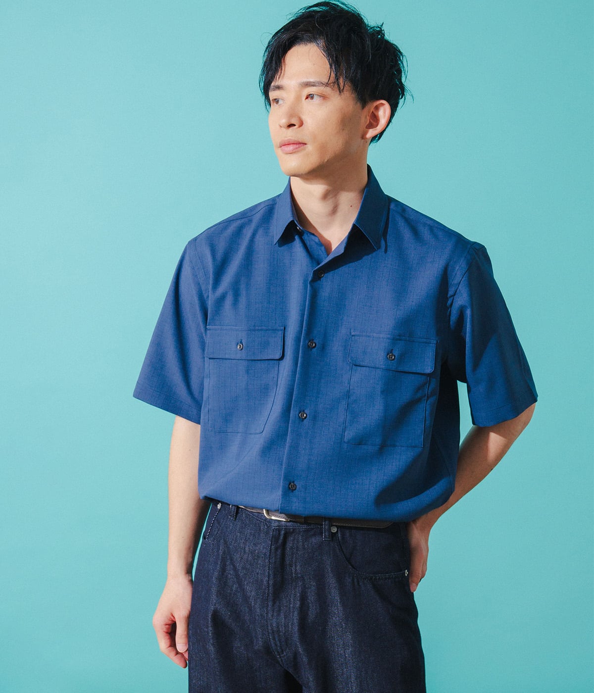 【吸水速乾・ストレッチ・一枚で決まる】ドライウェザーストライプ 半袖スマートカラーシャツ