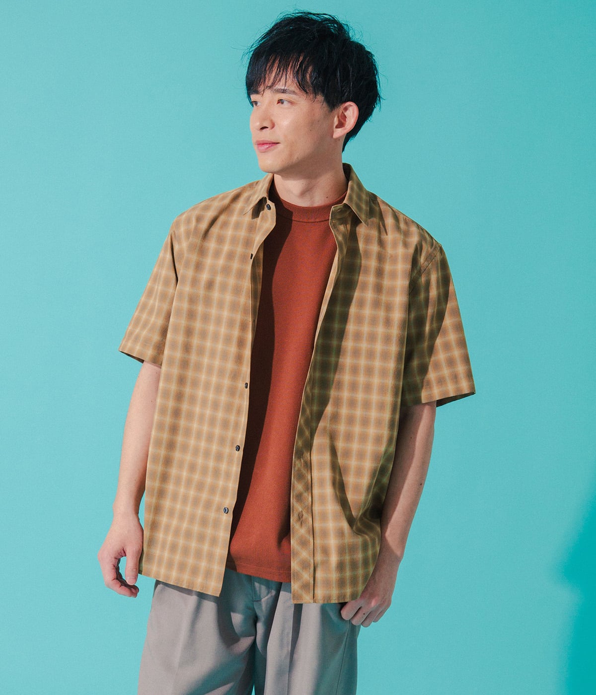 【ドライタッチ・ワッシャー加工・着回し】オンブレーチェック 半袖スマートカラーシャツ