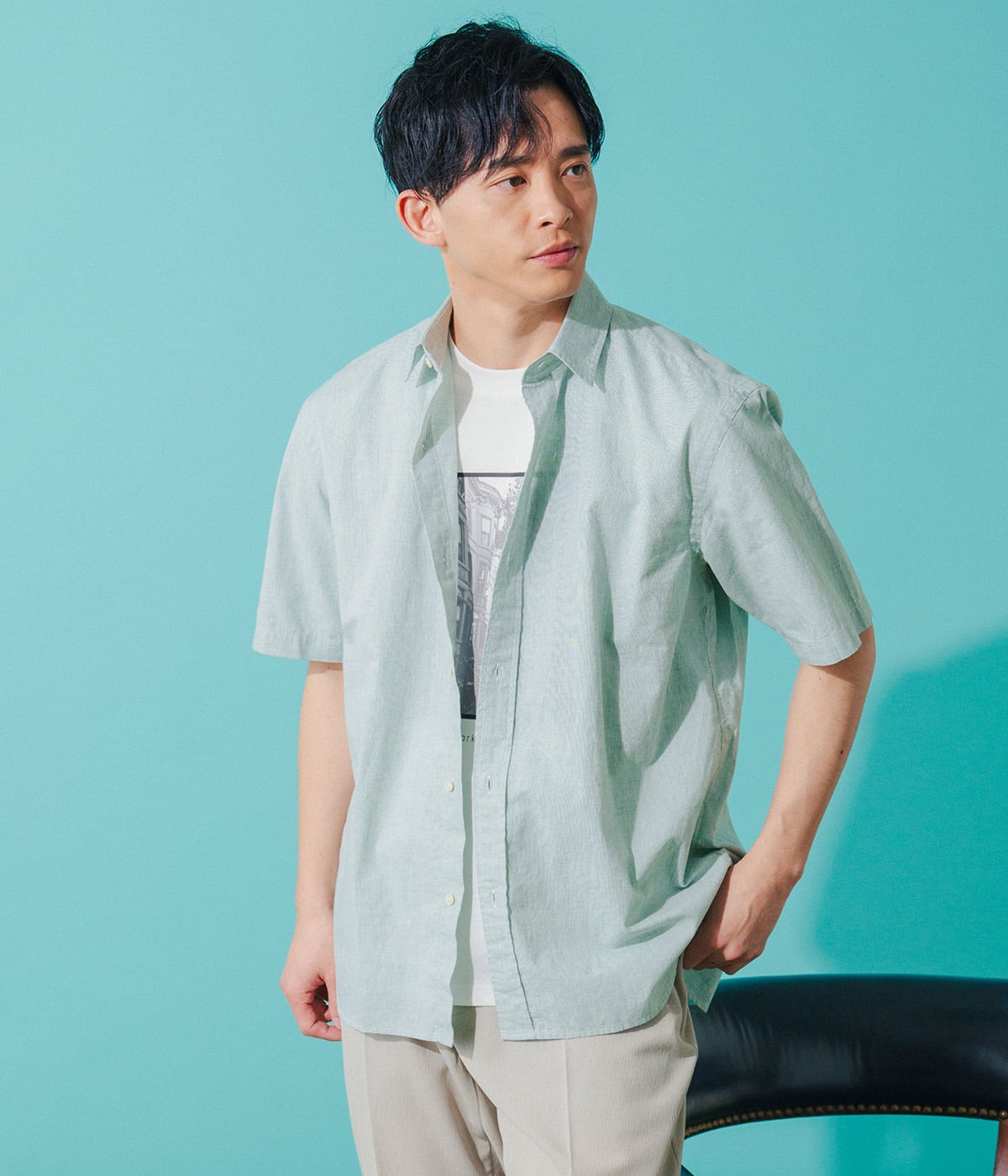 【天然素材・涼感】コットンリネンピケストライプ 半袖スマートカラーシャツ