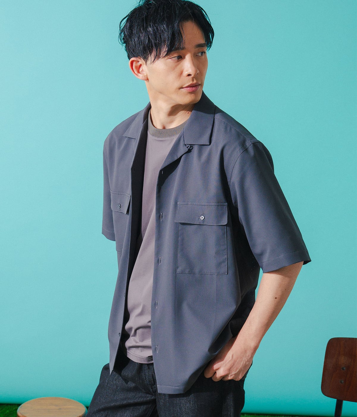 【防シワ・UVカット・撥水・ストレッチ】ドットエア(R)ストレッチ 半袖オープンカラーシャツ