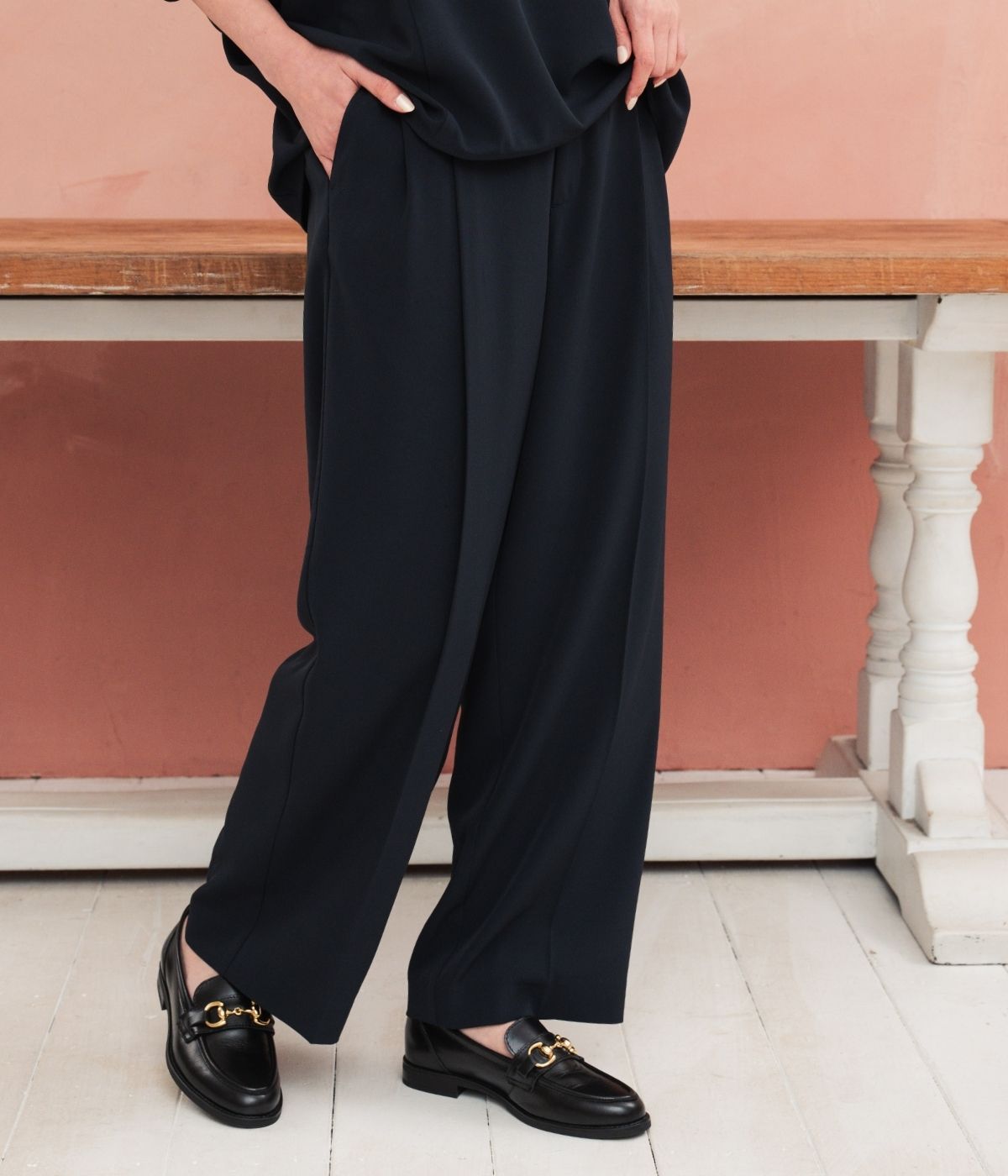 【防シワ・セレモニー・セットアップ可・ウエストゴム】ツータックワイドパンツ