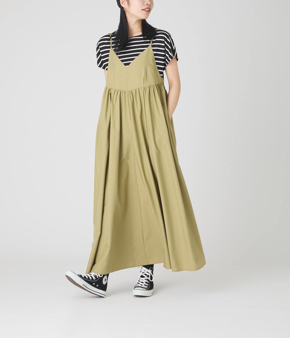 【シーズンレス・着映え・体型カバー】キャミソールギャザーワンピース
