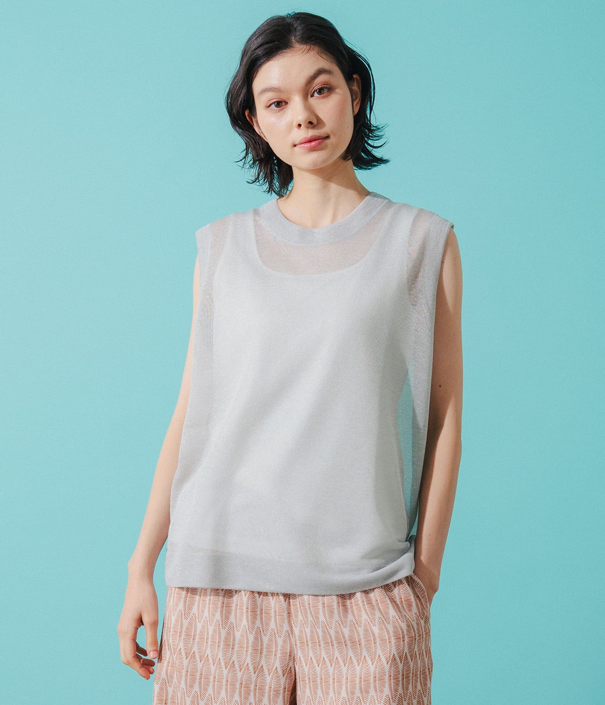 【ドライタッチ・シアー素材】シアーノースリーブニット