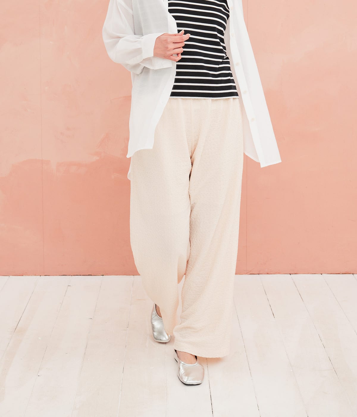 【着回し・肌離れ素材・ウエストゴム】シボ感タックレースパンツ