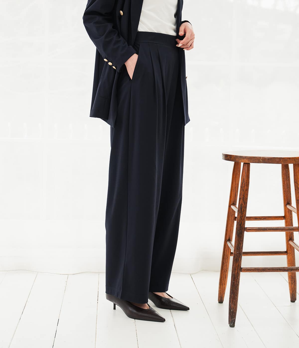 【洗える・ストレッチ・セットアップ可・ウエストゴム】ツータックワイドパンツ