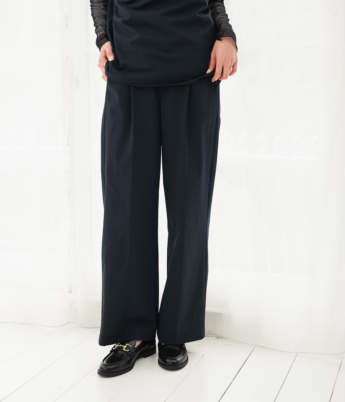 【接触冷感・ドライタッチ・セットアップ可・ウエストゴム】ワンタックワイドパンツ