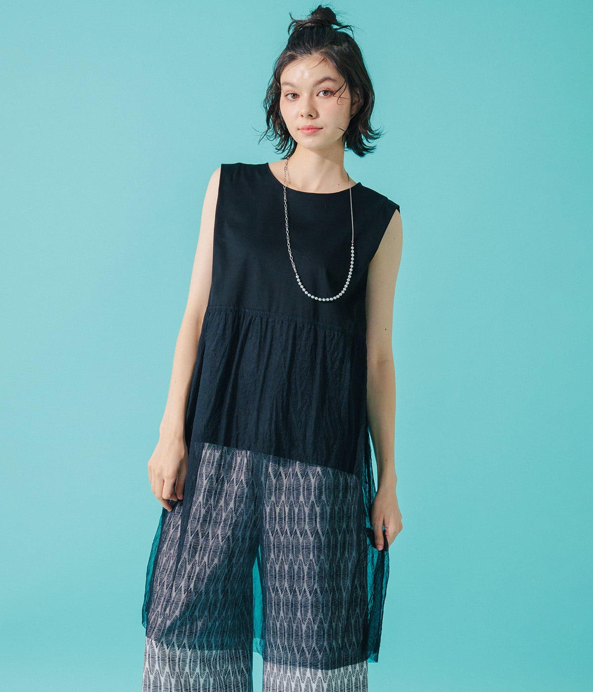 【接触冷感・着映え・シアー素材】ドロストチュールトップス