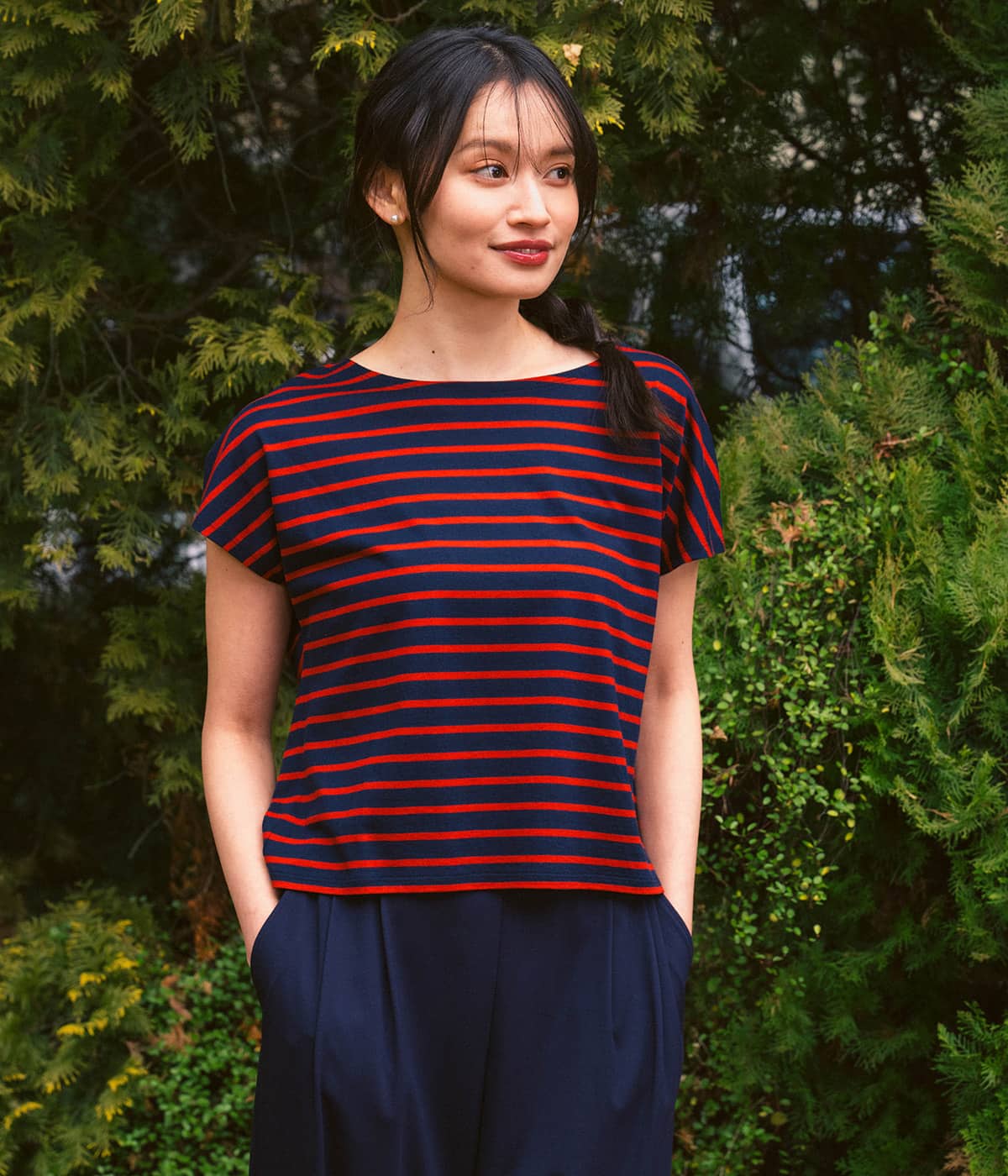 【接触冷感・優しい肌触り】ボーダーフレンチスリーブTシャツ