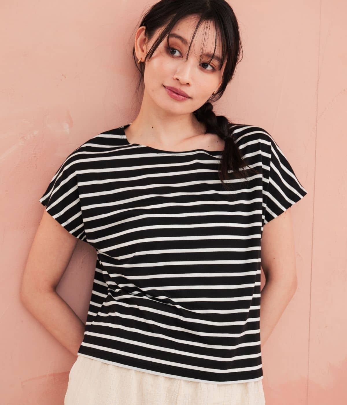 【接触冷感・優しい肌触り】ボーダーフレンチスリーブTシャツ