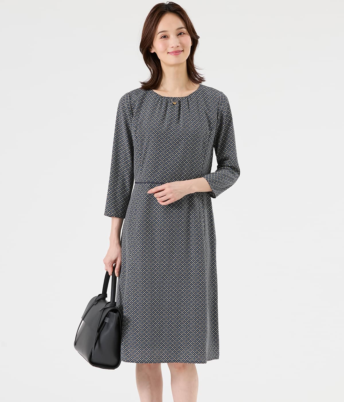 【L】【ウォッシャブル】ジオメトリックプリント 7分袖クルーネックドレス