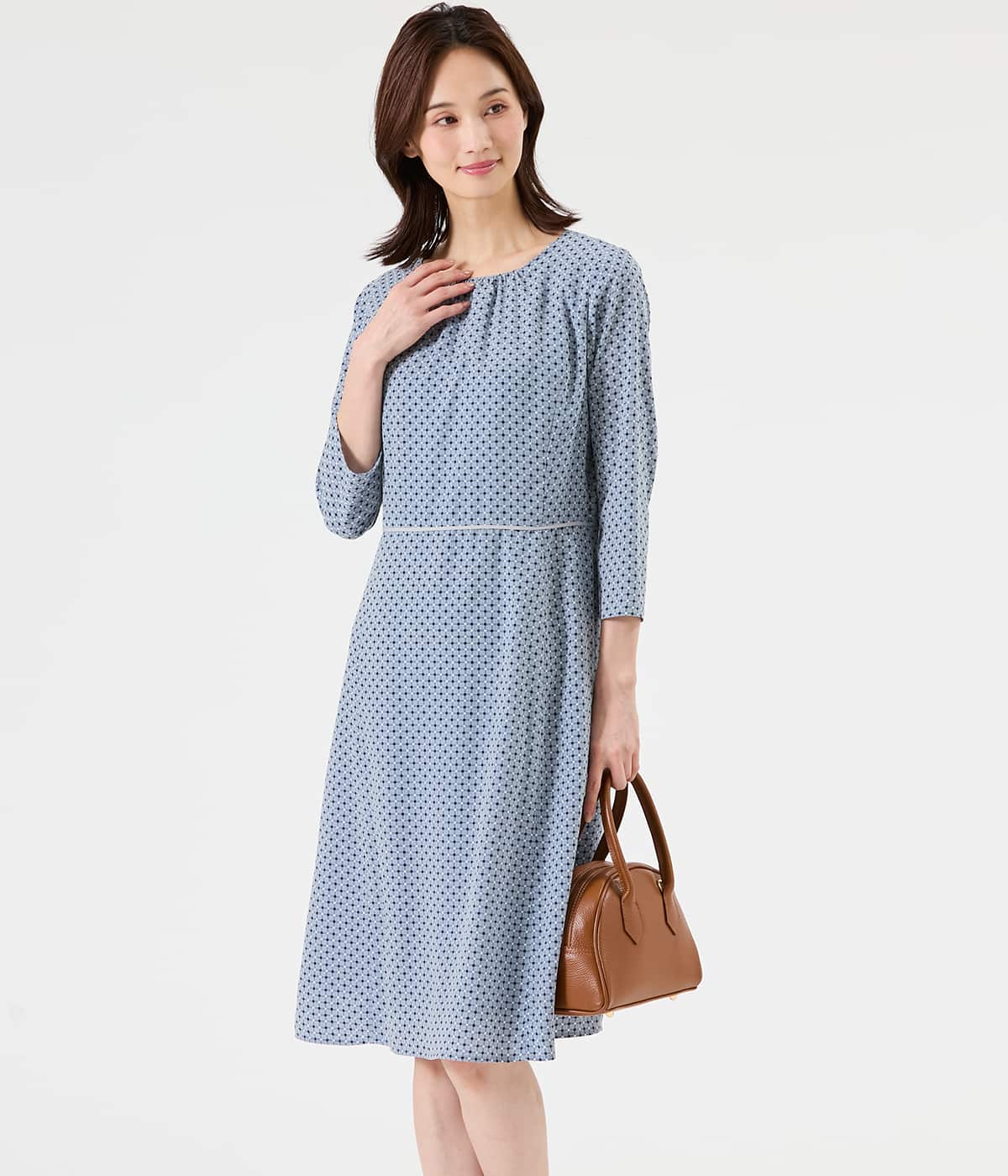 【L】【ウォッシャブル】ジオメトリックプリント 7分袖クルーネックドレス