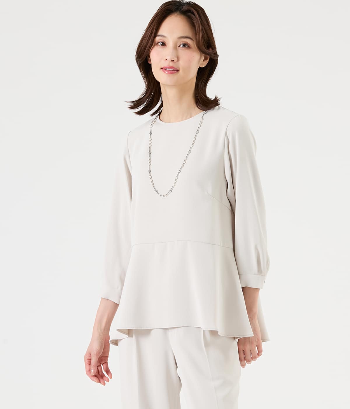 【L】ポリエステルツイル 7分袖ペプラムブラウス