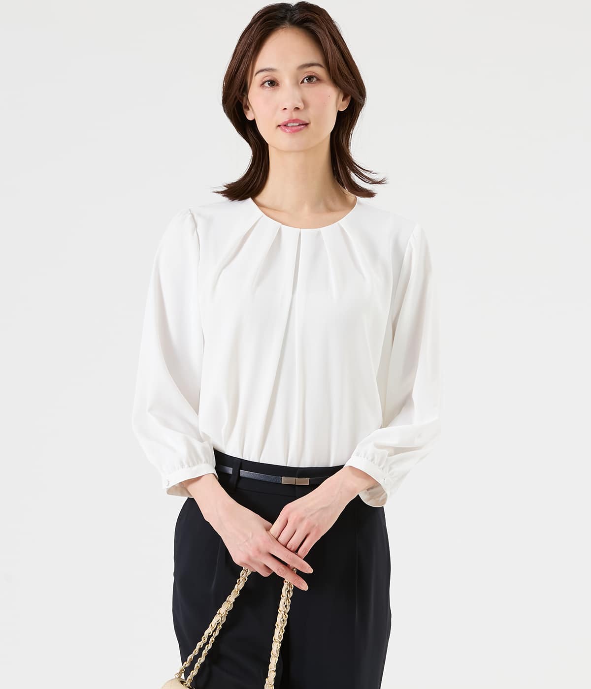 【L】ポリエステルジョーゼット 7分袖フロントタックブラウス