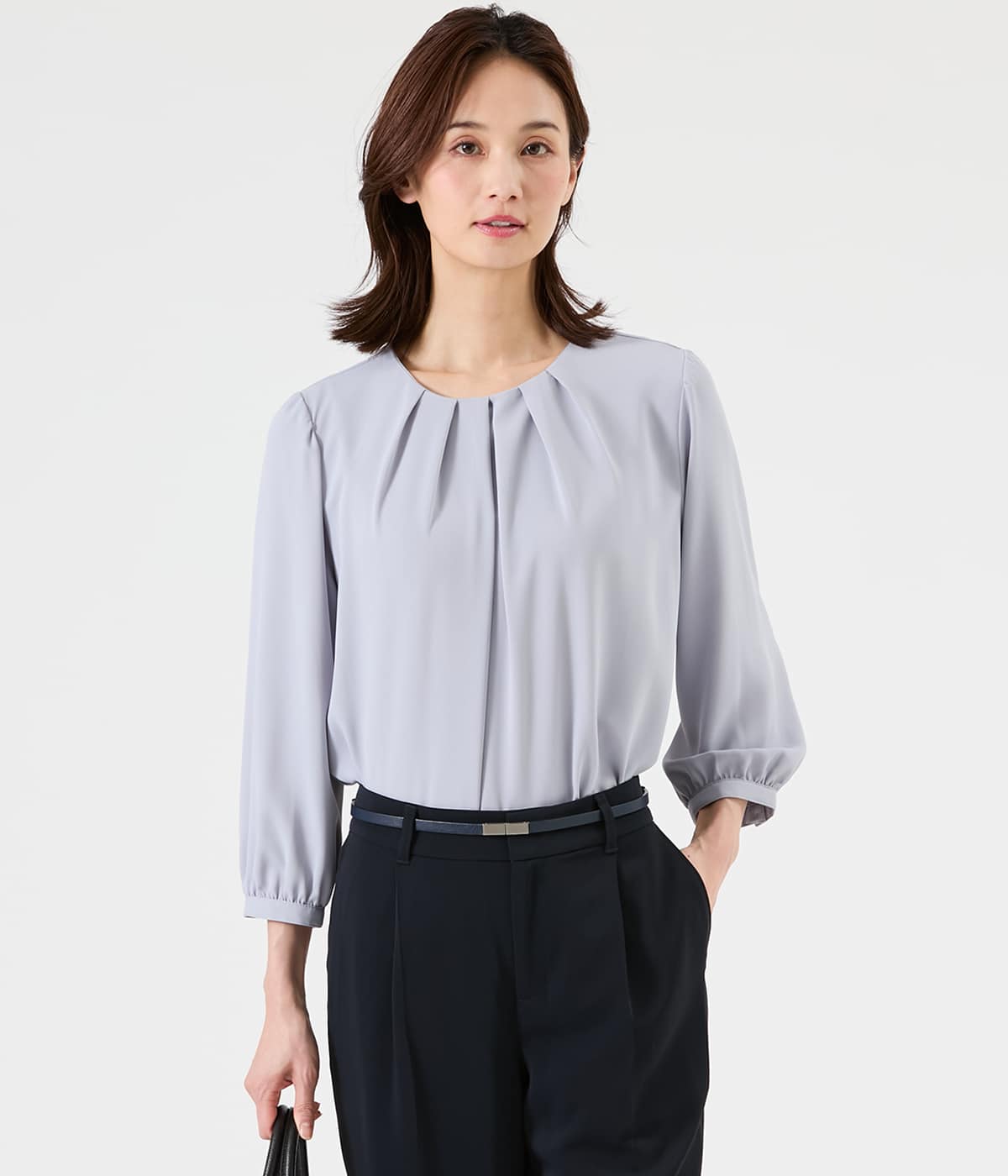 【L】ポリエステルジョーゼット 7分袖フロントタックブラウス