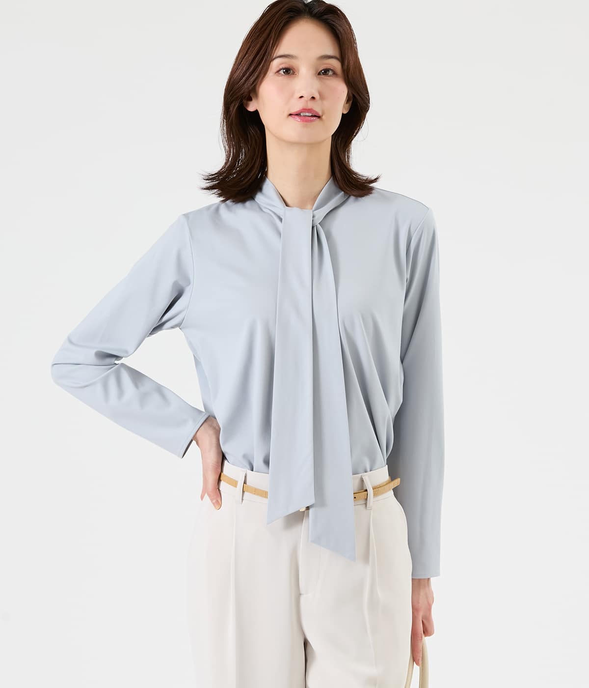 【L】【接触冷感】MUTEKIベアスムース 長袖ボウタイプルオーバー