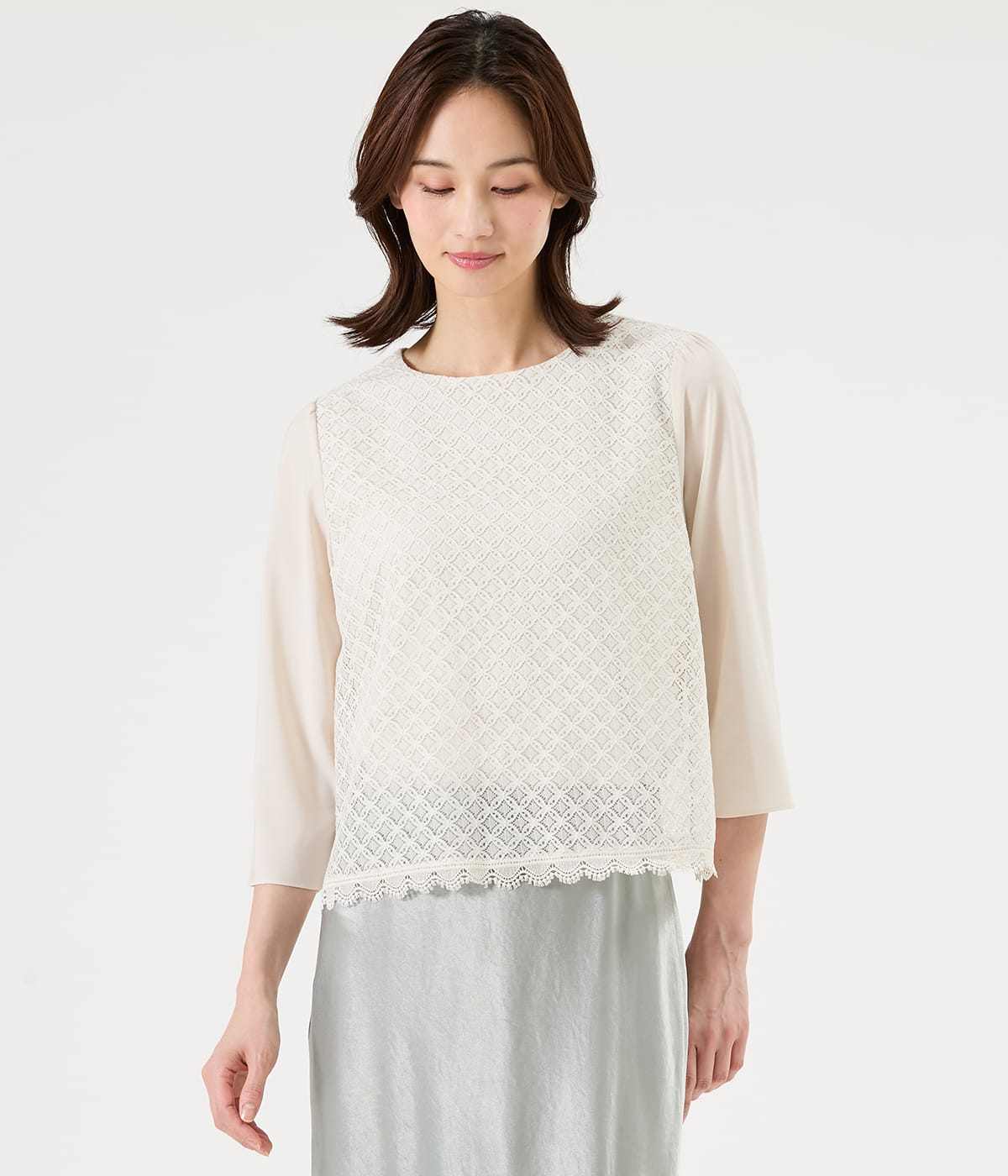 【L】TR天竺レース ７分袖プルオーバー