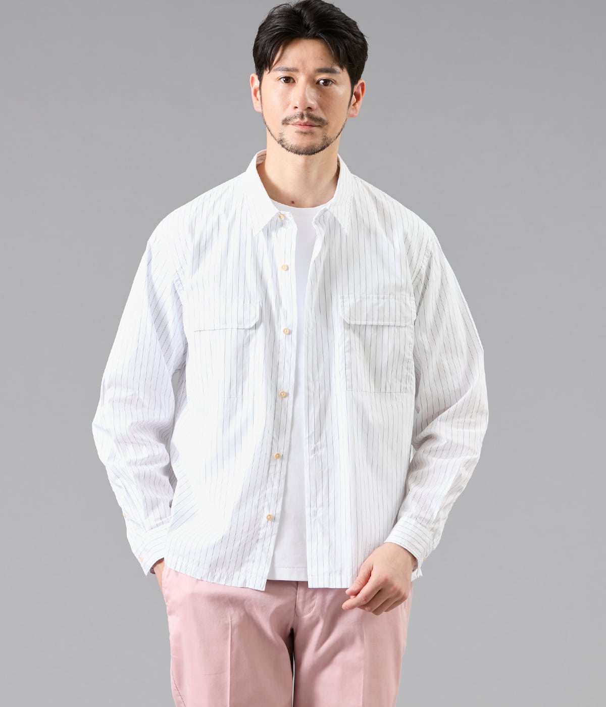 【UCT】ストライプ 長袖ワークシャツ